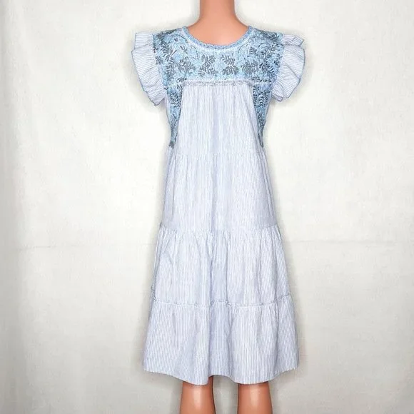 Emilia Collection Isa Dress *S/M Blue Striped Tiered with Blue Gray & Embroidery